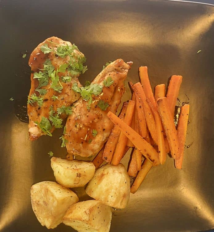 BBQ Grilled Chicken Fillet, Roasted Potatoes & Glazed Carrots recipe