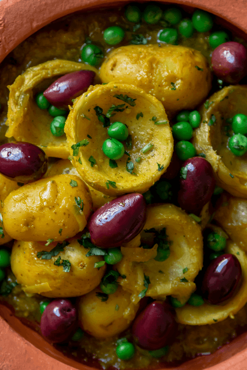 Artichoke Tagine with Peas, Baby Potatoes and Preserved Lemon recipe