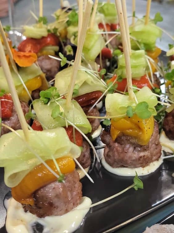 Spicy Pork Meatball, Roasted Pepper & Cucumber Kebabs recipe