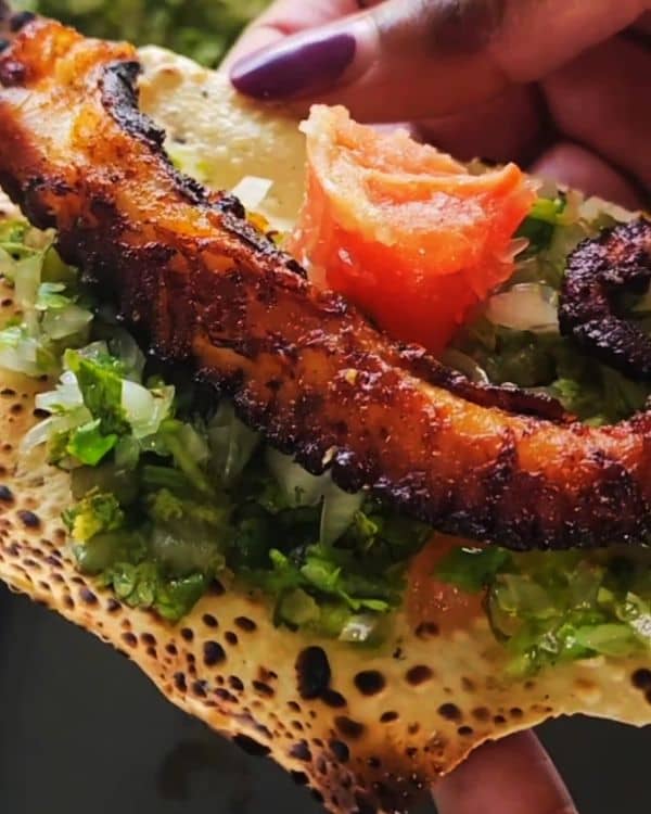 Air-Fried Spicy Octopus on Papad with Gremolata and Broiled Salted Grapefruit recipe