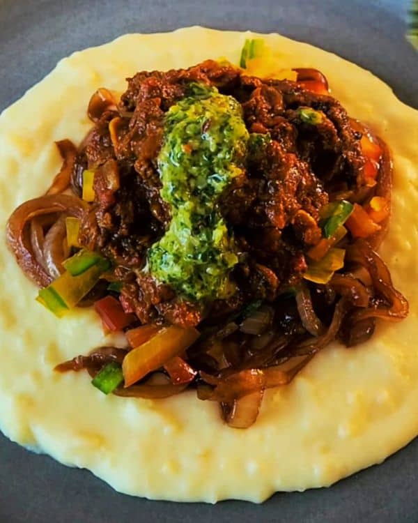Braised Beef Cubes with Caramelized Balsamic Onions and Paris Mash Potatoes recipe