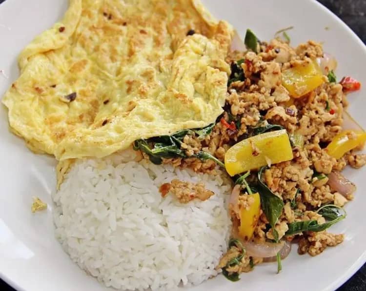 Thai Basil Tofu Stir Fry with Egg Omelet recipe