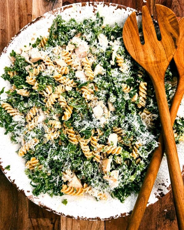 Caesar Chickpea Pasta Salad with Grilled Chicken and Kale recipe