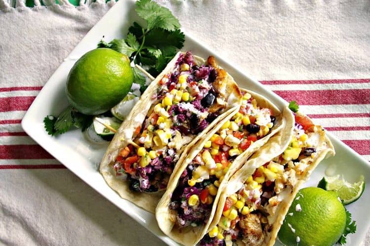 Fish Tacos with Oven Roasted Corn and Jalapeno Slaw recipe