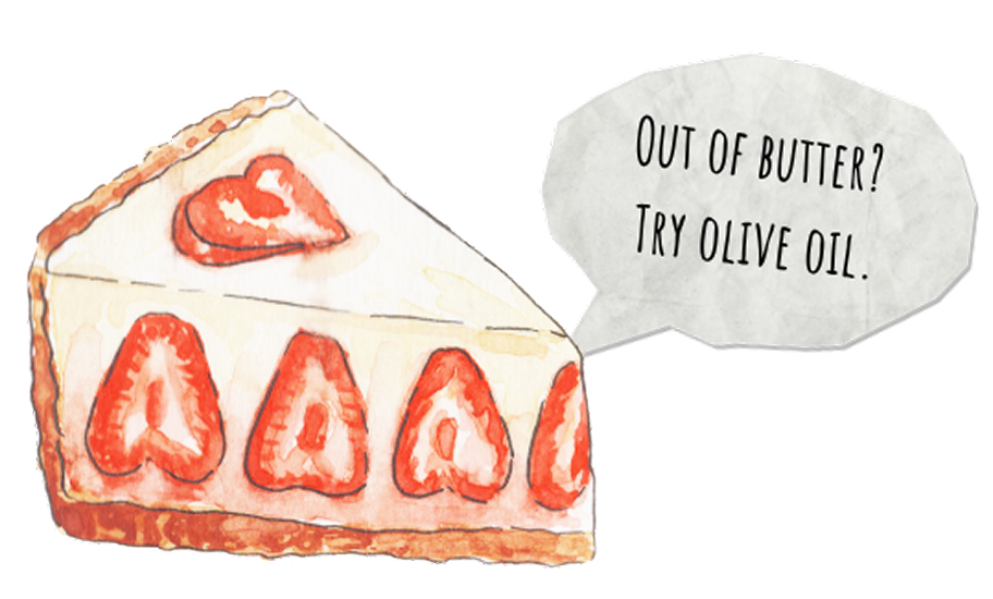 Slice of strawberry tart with a speech bubble suggesting olive oil as a butter swap
